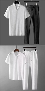 Regalos IStapromo, Trajes de 2 Piezas para Hombre, Camiseta de Manga Corta + Pantalones Largos, Cuello Polo de Color Sólido, Botones, Cintura Elástica - Product Image 6