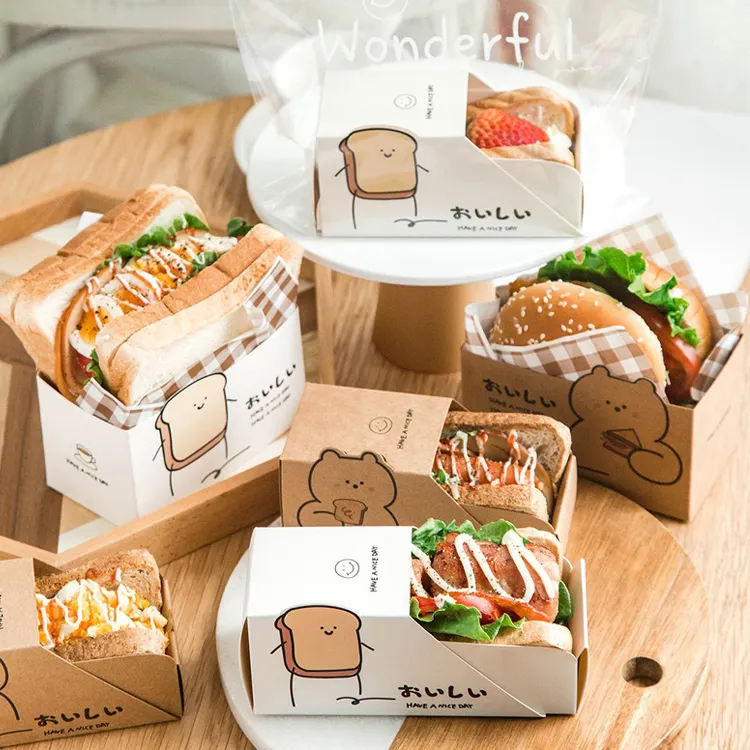 Hot Bulk Verkoop Custom Wegwerp Burger Open Voedselverpakking Kraft Box Afhaalpicknick Sandwich Hamburger Inpakpapier