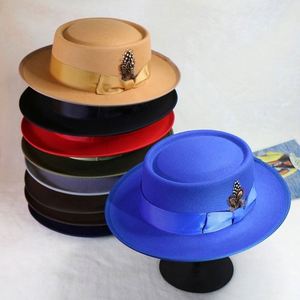 Custom High Quality Faux Wool <b>Fedora</b> <b>Hat</b> Fashion <b>Men</b> Sombreros Telescope Crown Pork Pie Boater <b>Hat</b> With Feather Satin Lining - Product Image 1