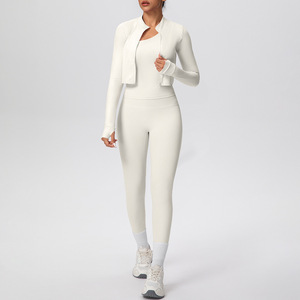 YIYI Ensemble de yoga 3 pièces à séchage rapide pour femme, col montant, manches longues, tenue de yoga asymétrique à une épaule, taille haute, contrôle du ventre, tenue de sport - Product Image 5