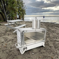 Table de camping extérieure en acier inoxydable avec plaque en verre pour cuisinière et grilles à bois/charbon de bois