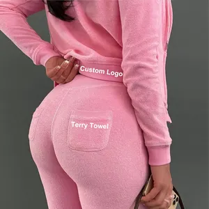 2022 Popular Plus Size Women Cotton Terry Towel Custom Logo 4Pcs Set Sweatsuit Pants High Quality 270g Zipper Sport Vest Jacket