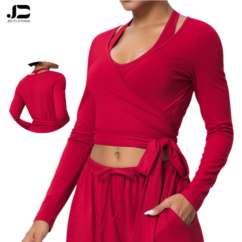 New Women's Solid Color Brushed Fabric Fast Dry Tight Cross Strap V-neck Long Sleeve Sports Running Fitness Yoga Clothes