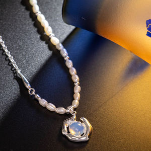 Collar con Colgante de Piedra Lunar y Perla Natural de Agua Dulce con Cadena de Eslabones Estilo Bohemio, Chapado en Plata, Joyería para Fiesta - Product Image 4