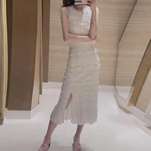 Grosir pakaian jalanan musim panas baru pakaian butik wanita atasan leher-o rok Midi desain unik pola padat Set 2 potong - Product Image 6