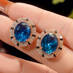 Fashion Eco-friendly Copper Gold Plated Oval Cut 12*16MM 10*12MM Zircon <b>Blue</b> Crystal Gemstone <b>Necklace</b> 3 Piece Jewelry Set - Product Image 5