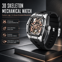 20 PIÈCES Montre-bracelet mécanique automatique lumineuse 3D Squelette de samouraï, boîtier personnalisé en acier inoxydable tonneau, 3ATM, OEM pour marque