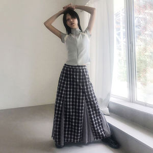 Jupe longue patchwork à carreaux style vintage américain pour femme, taille basse, coupe ajustée, style preppy, tenue décontractée d'automne - Product Image 1