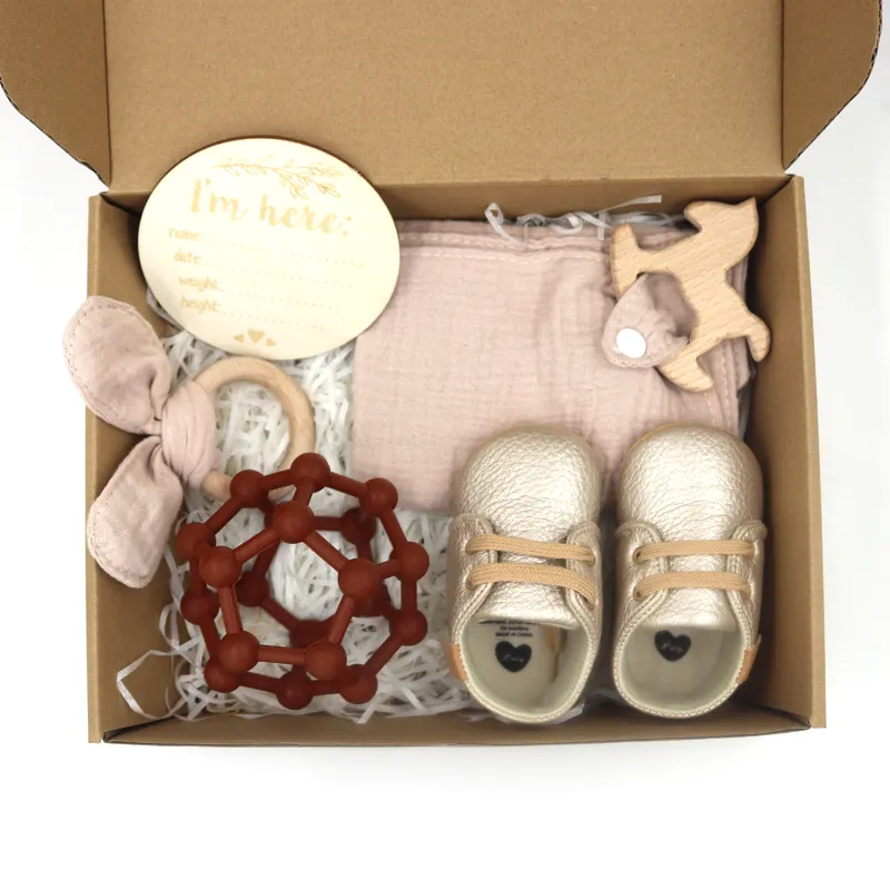 5 PCS Baby Pu Leather Shoes Leopard Silicone Teether Ball Cotton Newborn Shoes Set Walking Shoes Casual New Born Set 0-1 Years