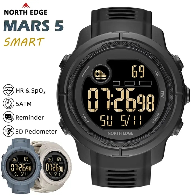 2026 Hot NORTH EDGE NEW MARS 5 Men's Digital Watch Outdoor Sports LED Watches Waterproof 50M HR & SpO Smartwatch for Men Women