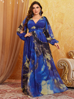 Robe de soirée modeste en mousseline de soie à imprimé floral aquarelle bleu taille plus, col en V, manches fendues, taille froncée pour femmes