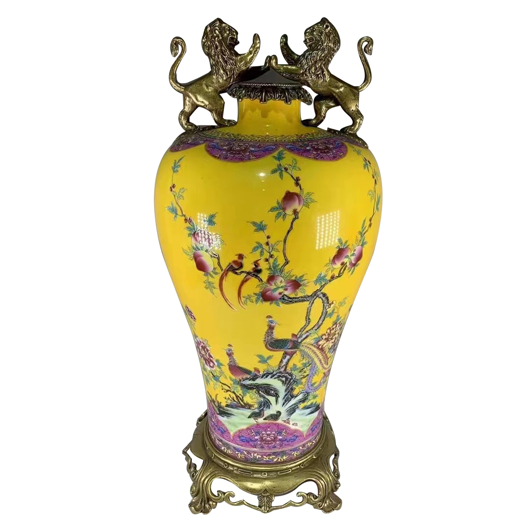 Vase en céramique incrusté de cuivre haut de gamme de style européen Vase en céramique jaune oriental Vase en poterie en céramique décoratif antique