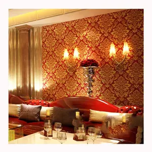 3D màu đỏ và vàng Damask phong cách Châu Âu PVC hình nền kim loại cho tường trang trí