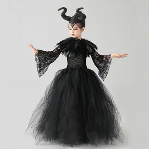 Kostum penyihir anak perempuan sayap tanduk 3 buah set gaun Tutu ratu jahat Maleficent pakaian vampir hiasan kepala setan Halloween ecowalson