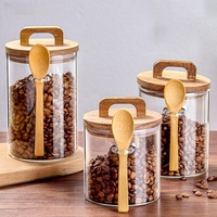 Pot de rangement pour grains de café en verre avec couvercle en bois et cuillère, ensemble de boîtes hermétiques en bambou, 3 tailles, pour barista à domicile