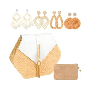 FSP243-1set Boho Straw Purses Bags Jewelry Set Woven Summer Shoulder Crossbody Bag Earrings Tassel beach bags for Women Girls
