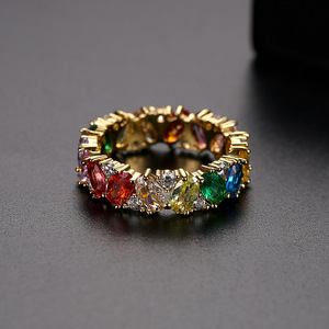 Bague d'éternité ovale luxueuse en zirconium arc-en-ciel, plaquée or 18 carats, en laiton, avec plusieurs pierres précieuses, pour fiançailles et mariage, pour femme - Product Image 3