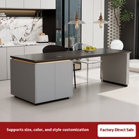 Table îlot Rock Board avec zone repas intégrée, multifonctionnelle, avec bar intégré en acier inoxydable et meuble d'appoint, plateau en bois, pour petits espaces