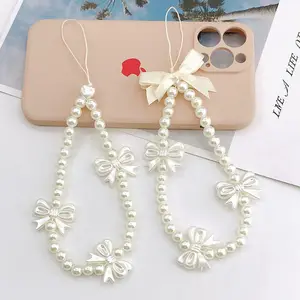 Women's Fashion Butterfly Phone Charm Strap Lanyard Bow Beaded Mobile Phone Chain Elegant Cellphone Case Hanging Rope Pendant