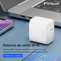 Chargeur rapide USB-C Miccell 20 W compact avec câble C vers C et multiprotocole pour téléphone portable, tablette et ordinateur portable