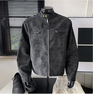 جاكيت رجالي من الجلد الصناعي (PU) بتصميم أمريكي ريترو، بياقة قائمة، بسحاب، كبير الحجم، كاجوال، للربيع والخريف - Product Image 4