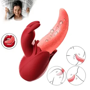 Adult Stimulator Rose Tongue Shape Massager Licking Toy 10 Frequency Rabbit Vibrator Clitoral Real Soft Tongue Vibrator
