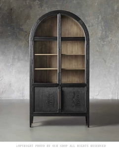 American Retro Arch Antique Cabinet Custom-made Solid <strong>Oak</strong> Wood Bookcase &amp; Wine Locker for Living Room Against Wall Storage <strong>Unit</strong> - Product Image 2