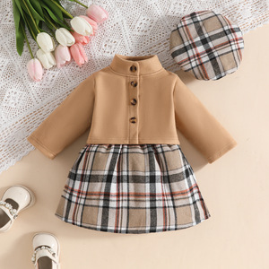 Ensemble Robe Automne-Hiver pour Filles de 0 à 3 <span class=keywords><strong>Ans</strong></span> avec Veste Manches Longues en Velours, Jupe à Carreaux Ceinturée et Béret – Ensemble Trois Pièces - Product Image 4