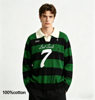 Pull en tricot polo 100% coton avec logo brodé personnalisé, manches longues, style streetwear, design délavé, pull en tricot décontracté pour homme