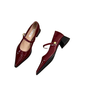 Zapatos de cuero con punta en pico - nuevo estilo de primavera con tacones gruesos y altos. Zapatos Mary Jane de estilo francés retro. - Product Image 1
