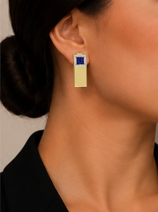 925 Sterling <b>Silver</b> Gold Plated Geometric Rectangle <b>Stud</b> Earrings with Blue Sapphire CZ and White Cubic Zirconia Modern - Product Image 2