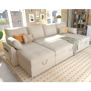 Juego de sofá <span class=keywords><strong>cama</strong></span> extraíble para sala de estar europeo Relax, muebles de cuatro asientos de lino suave con funda, Canape Beige, sofá <span class=keywords><strong>cama</strong></span> extraíble para dormir - Product Image 4