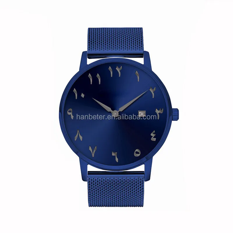 Customize Logo Personalize Arabic Dial Wrist Watch Mens Luxury Brand Quartz Blue Watches Men Fashion Male Clock Watch for Men