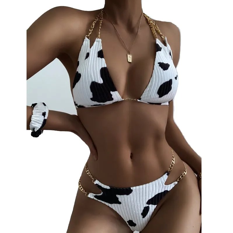 2021 Hot Sell Woman Sexy Swimwear 2 Piece Padding Cow Print Bikini Bathing Suit With Chains