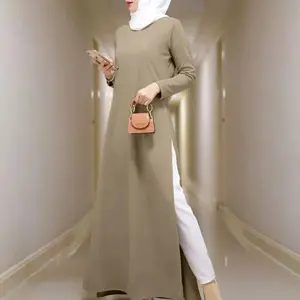 فستان إسلامي 2024 طويل مقسوم من الجانب وياقة مستديرة بلون واحد فستان عيد بأكمام طويلة نمط خمري كبير عباية فستان للمُسلمات دبي