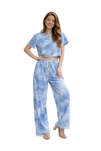 Tc390 Completo da Donna Tie Dye in Cotone e Bambù, 2 Pezzi, Manica Corta, Collo Tondo, Vestibilità Comoda, Casual, Primavera Estate, Pantaloni Lunghi e Top - Product Image 1