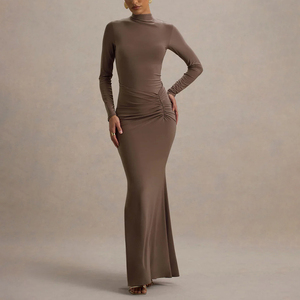 ZYHT 75136 Produttore OEM ODM Abito Lungo a Sirena con <span class=keywords><strong>Maniche</strong></span> <span class=keywords><strong>Lunghe</strong></span> Verde <span class=keywords><strong>Marrone</strong></span> con Arricciature - Product Image 3