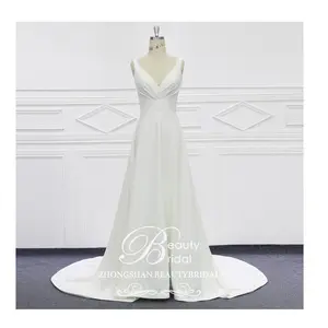 Simple plain wedding dress V neckline Ivory satin bridal gown A line vestido de noiva