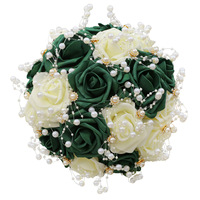 Bouquet de Mariage Artisanal en Soie Vert Style Moderne Réaliste avec Roses en Cristal et Perles pour la Mariée et les Demoiselles d'Honneur - Saint-Valentin Artificiel