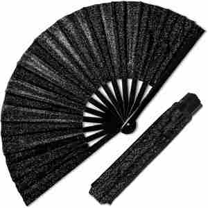 Éventail à main en bambou noir pailleté, grand format, pliable, pour festivals de musique, soirées et spectacles sur scène - Product Image 1