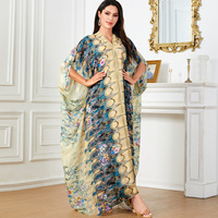 4053 moyen-orient Plus vêtements pour femmes transfrontalière longue robe musulmane Abaya col en v imprimé manches Batball robe islamique