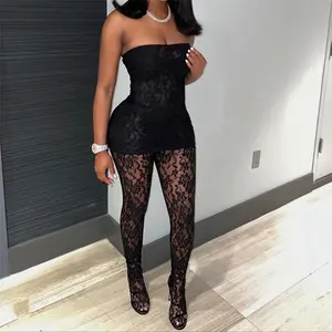 Fashion Sexy Club Party Ladies Solid Strapless Sleeveless See Through Bodycon Lace Mini Dress With Sock Women Clothing Dresses