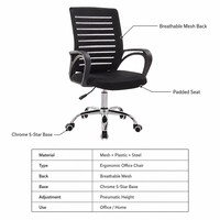Chaise de bureau minimaliste en maille respirante, hauteur réglable, accoudoirs fixes, chaise de bureau pour le personnel