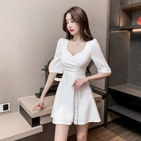 Robe Courte Élégante à Col Carré Moderne, Froncée et Cache-Cœur, Coupe Trapèze, Manches Courtes, pour Femme, Tenue de Soirée Tendance Estivale