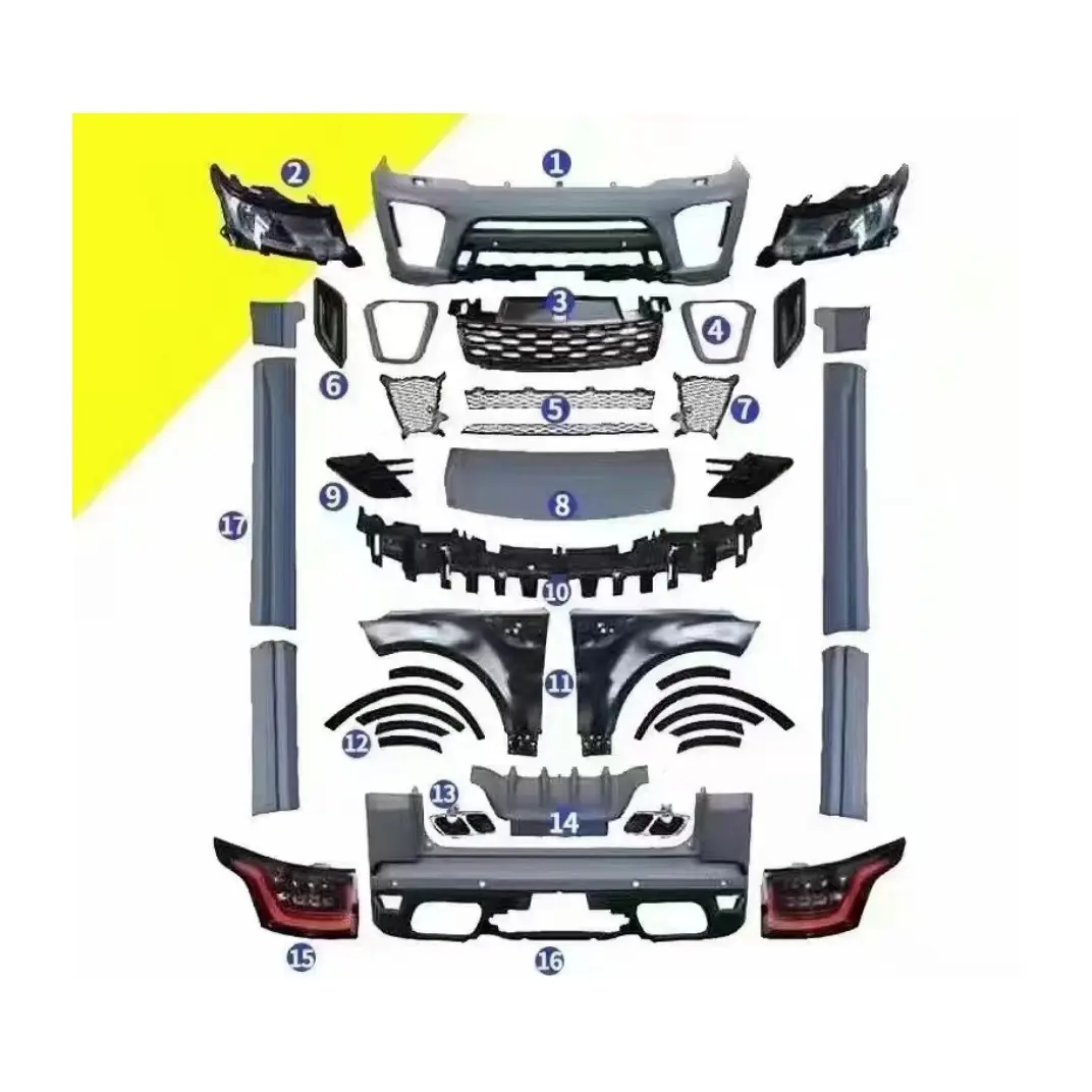 Araç gövde kiti Range Rover Sport 2014-2017 için ön arka tampon ile ızgara, farlar, arka lambaları, çamurluklar, yan etekler ile SVR