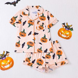 Set pigiama da <span class=keywords><strong>donna</strong></span> carino e femminile per Halloween, con stampa <span class=keywords><strong>casa</strong></span> infestata, zucca e fantasma, maglietta a maniche corte e pantaloncini con elastico in vita - Product Image 3