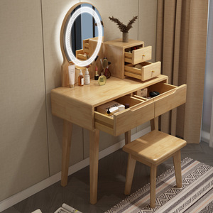 Nordic Solid Wood Dressing <b>Table</b> With Lighted <b>Mirror</b> Bedroom Makeup <b>Vanity</b> Storage Drawer Birch Wood Furniture - Product Image 2