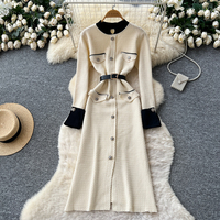 Robe élégante pour femmes, tricotée, à manches longues, style A, décontractée, avec ceinture, boutons décoratifs, poches, pour un usage quotidien, robes pour femmes