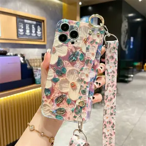 Wristband oil painting Camellia flash Diamond phone case drop-proof women's lanyard case For iphone15 pro max 14 13 12 xr 7/8plu