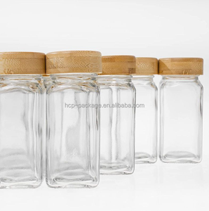 Individuelle Küchengewürzdosen Kraut- und Gewürzbehälter Gewürzflaschen 4 Unzen quadratische Glasgewürzgläser mit hölzernem Bambusdeckel <span class=keywords><strong>Set</strong></span> - Product Image 6